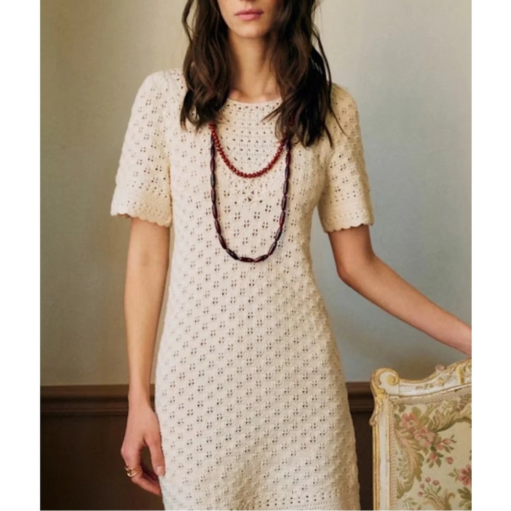 Sezane Liliana Dress Women XXL Creme Organic Cotton Crochet Knit Short Sleeve